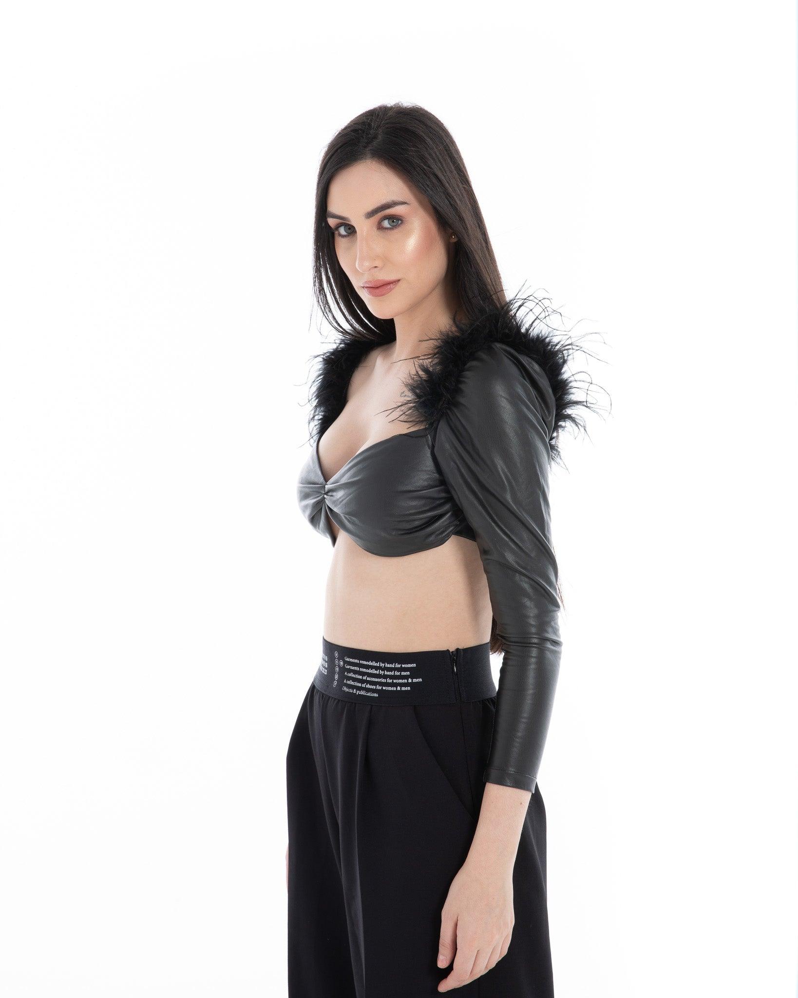 Women’s Black Faux Leather Feather Crop Top – Flashmob Nation - Flashmob Nation