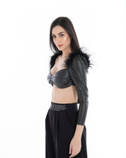 Women’s Black Faux Leather Feather Crop Top – Flashmob Nation - Flashmob Nation
