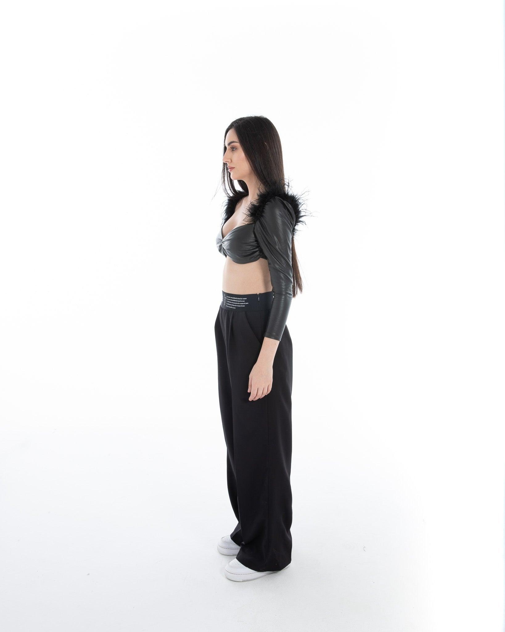 Women’s Black Faux Leather Feather Crop Top – Flashmob Nation - Flashmob Nation
