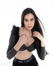Women’s Black Faux Leather Feather Crop Top – Flashmob Nation - Flashmob Nation