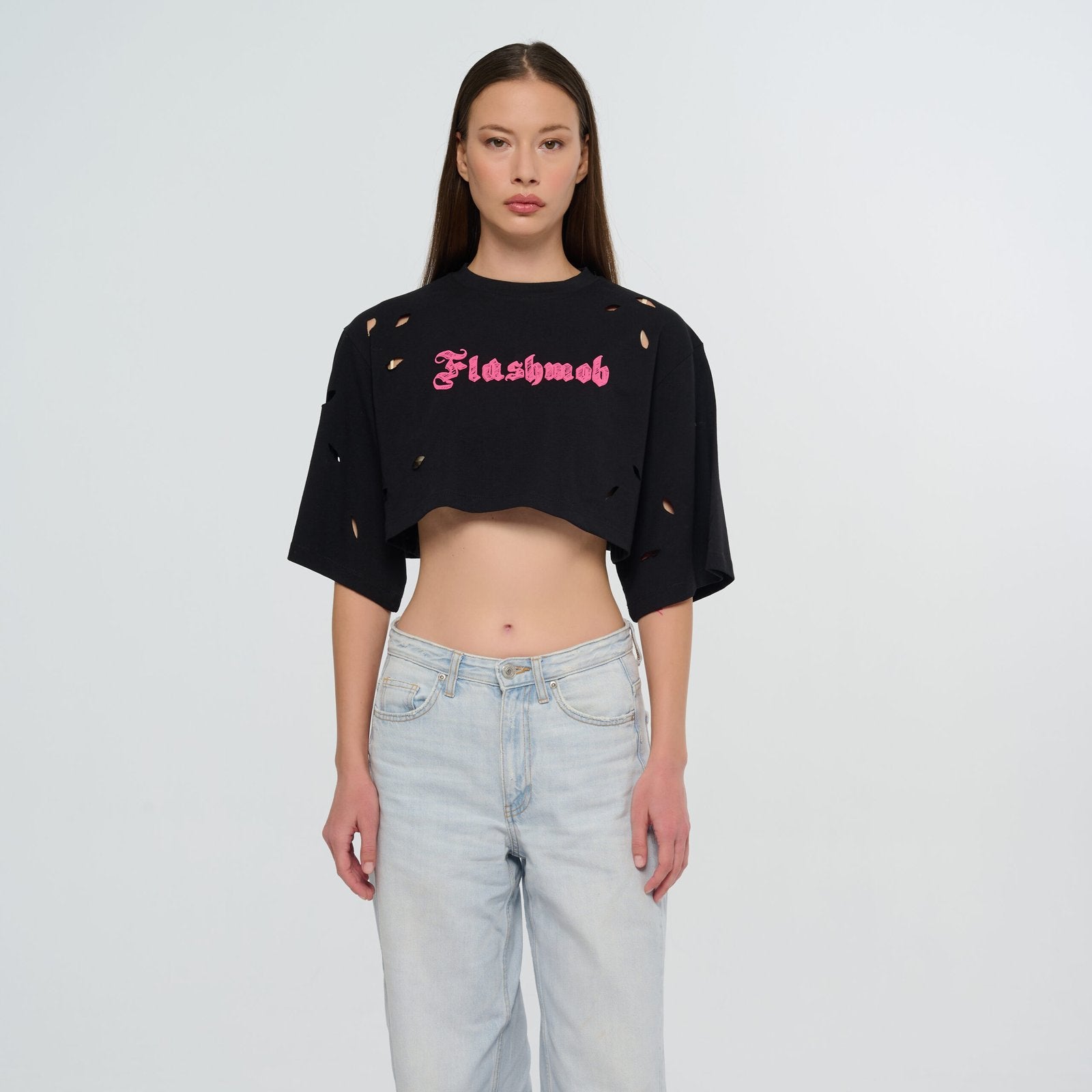 Cropped Torn T-Shirt - Black | Pink | White