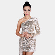 Off Shoulder Glowy Golden Sequin Party Dress