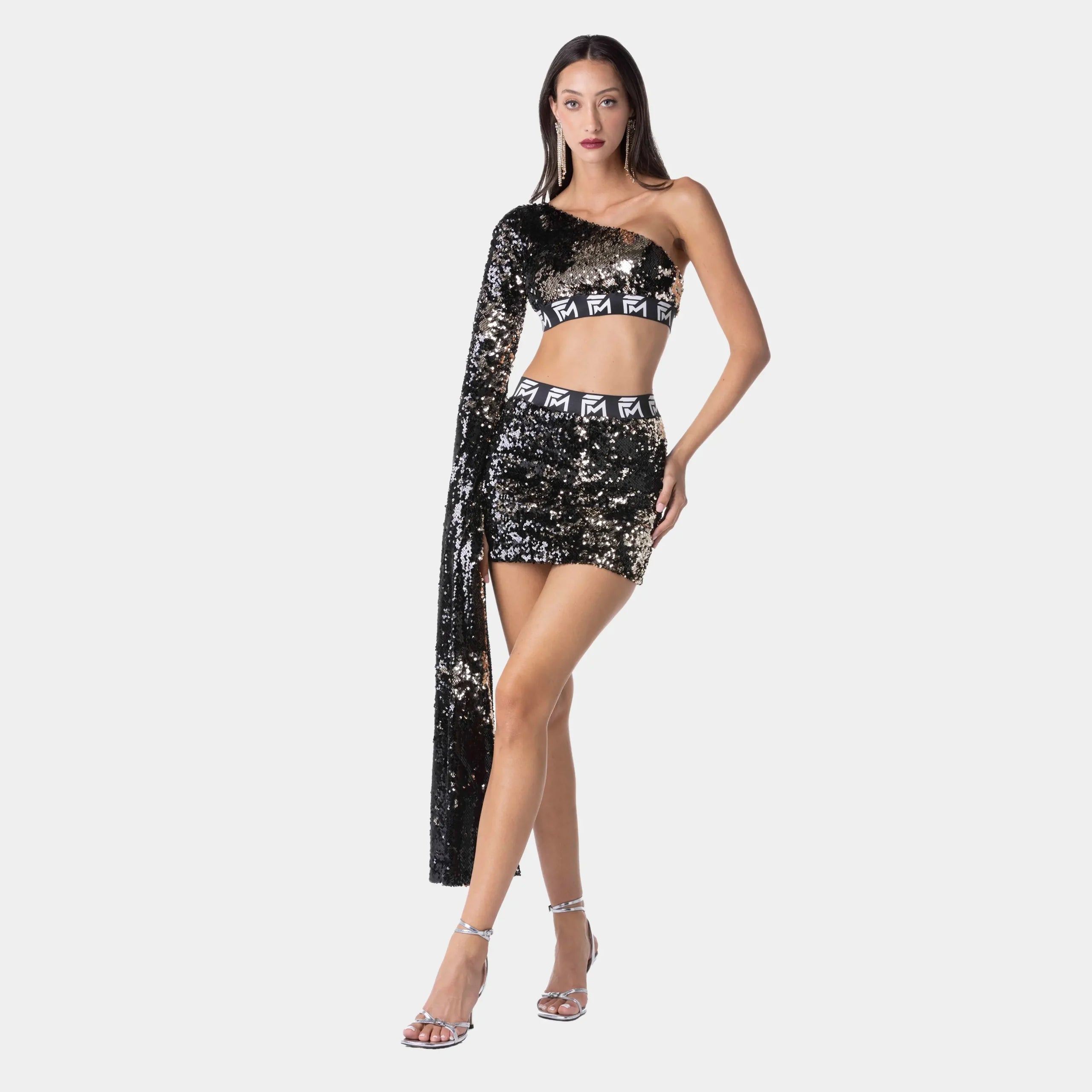 One Shoulder Black Sequin Dress Set