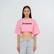 Cropped Torn T-Shirt - Pink | Black | White