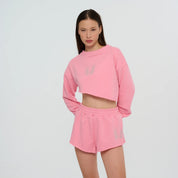 Pink Swarovski Studded Comfort Fit Asymmetrical Cropped Sweat and Short Set