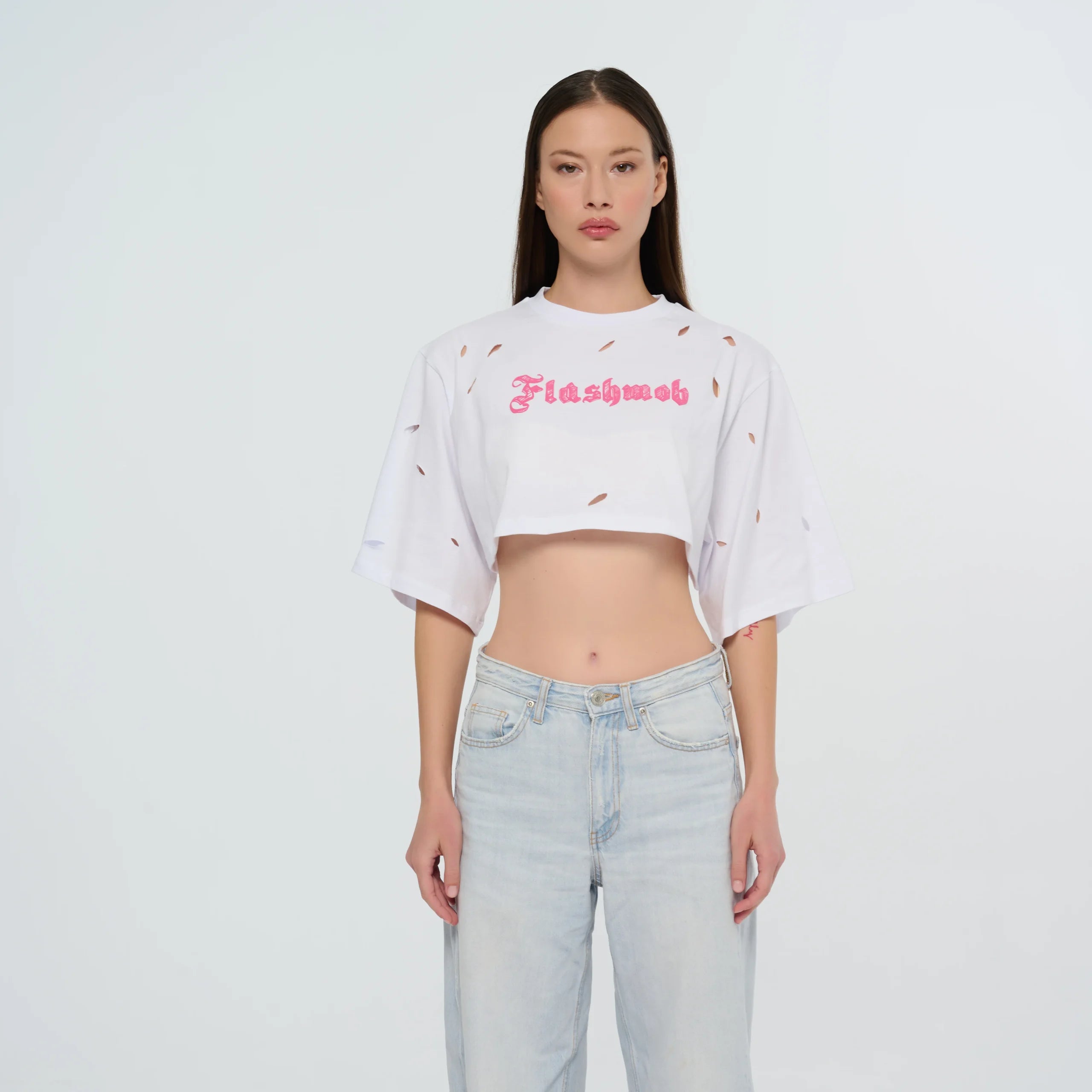 Cropped Torn T-Shirt - Black | Pink | White