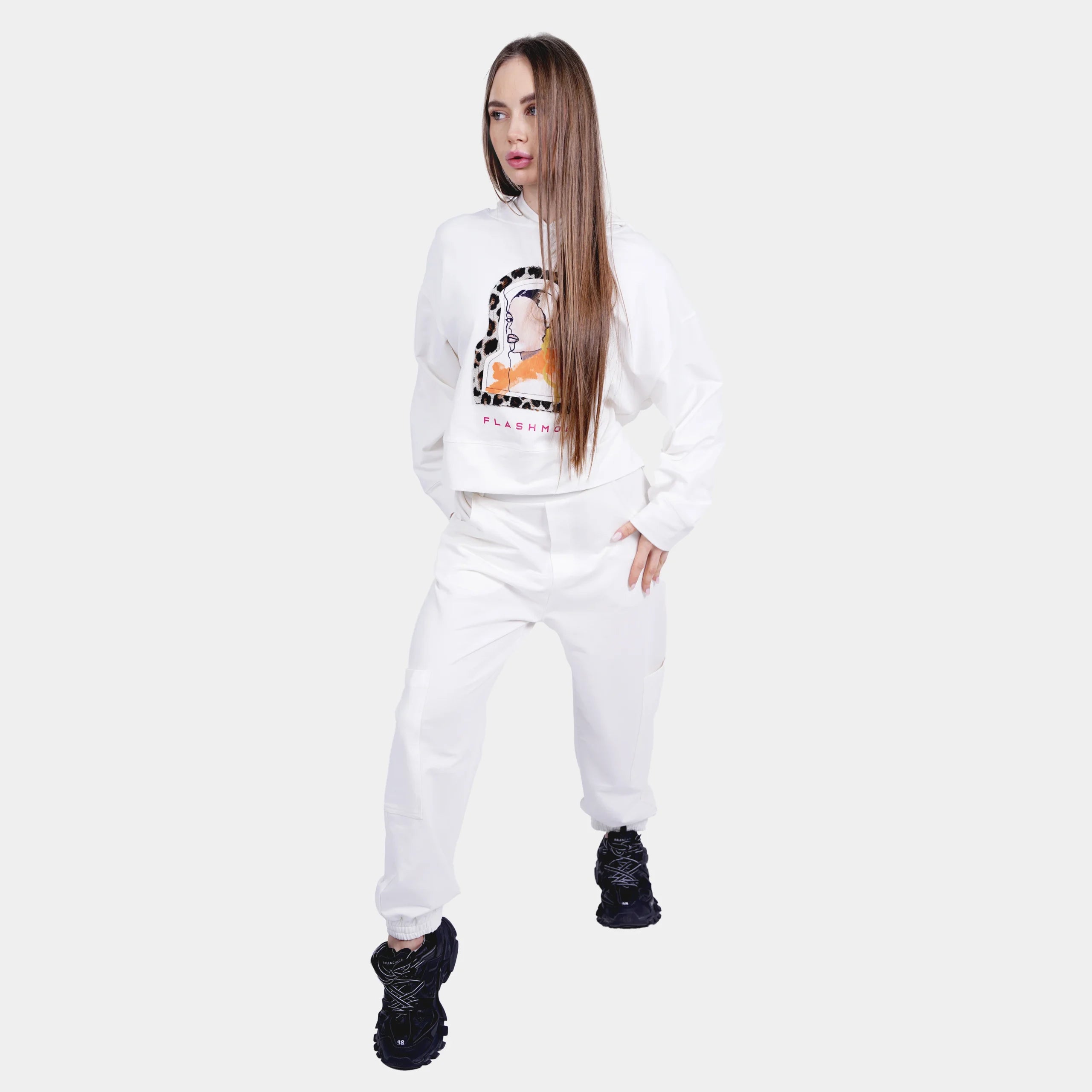 White Hoodie Set With Embroidery Patch