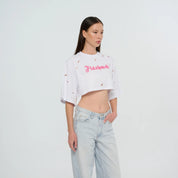 Cropped Torn T-Shirt - Black | Pink | White