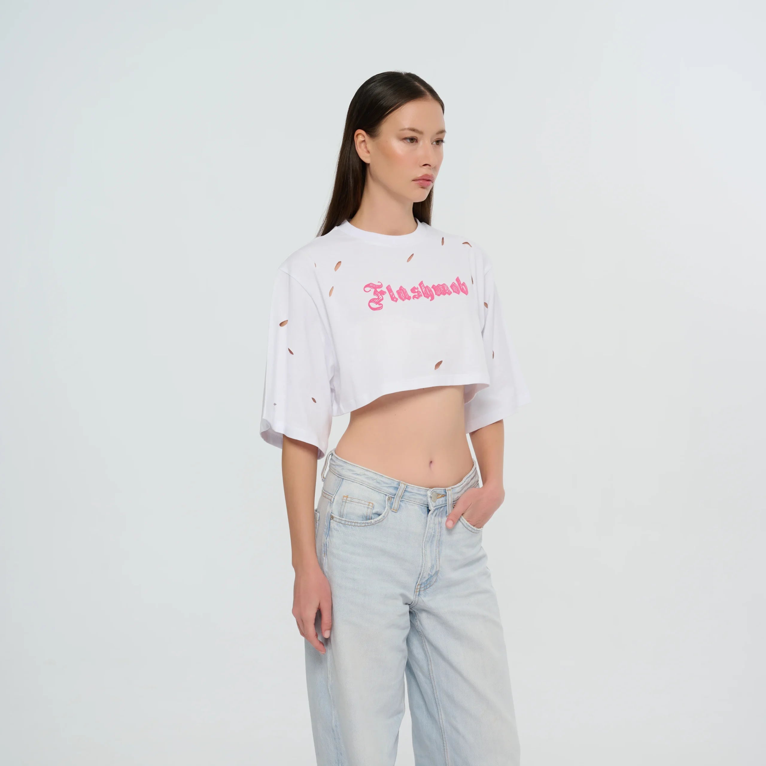 Cropped Torn T-Shirt - Black | Pink | White