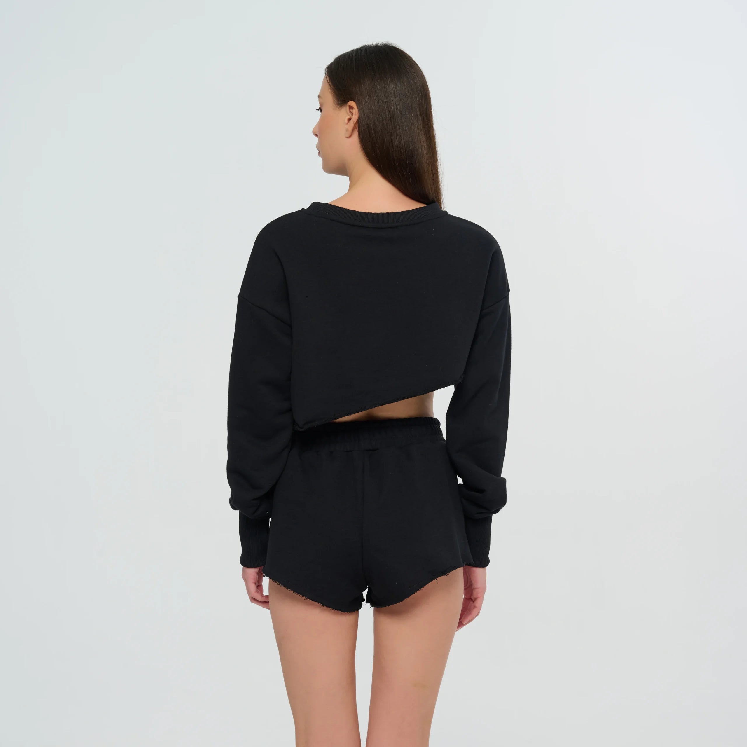 Black Swarovski Studded Comfort Fit Asymmetrical Cropped Sweat and Short Set