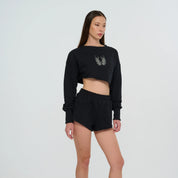 Black Swarovski Studded Comfort Fit Asymmetrical Cropped Sweat and Short Set