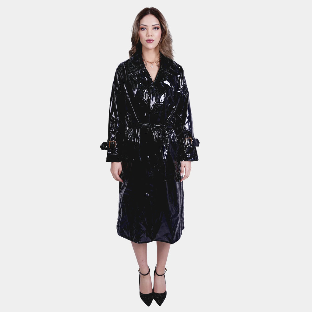 Black Shiny Vinyl Long Overcoat