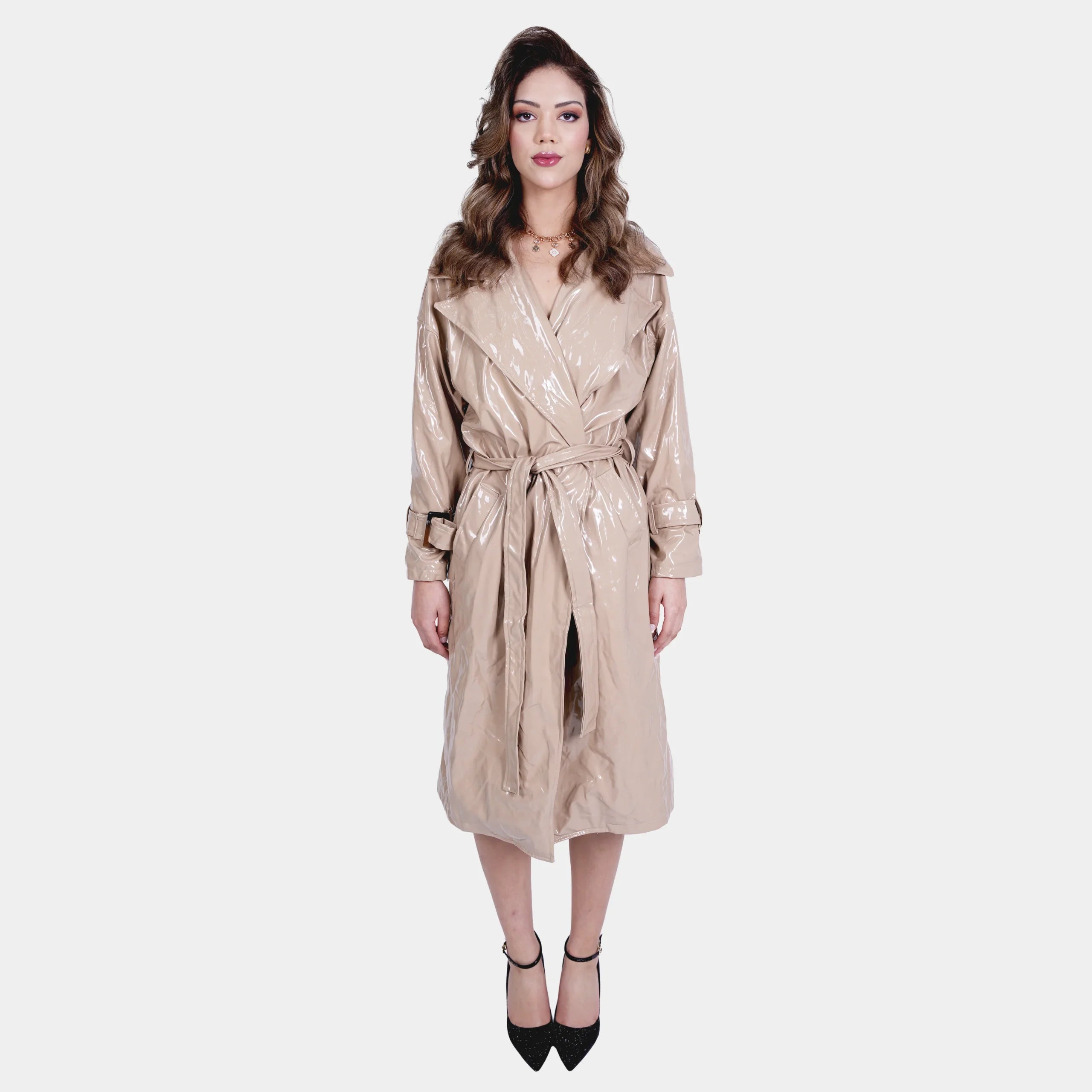 Nude Shiny Vinyl Long Overcoat