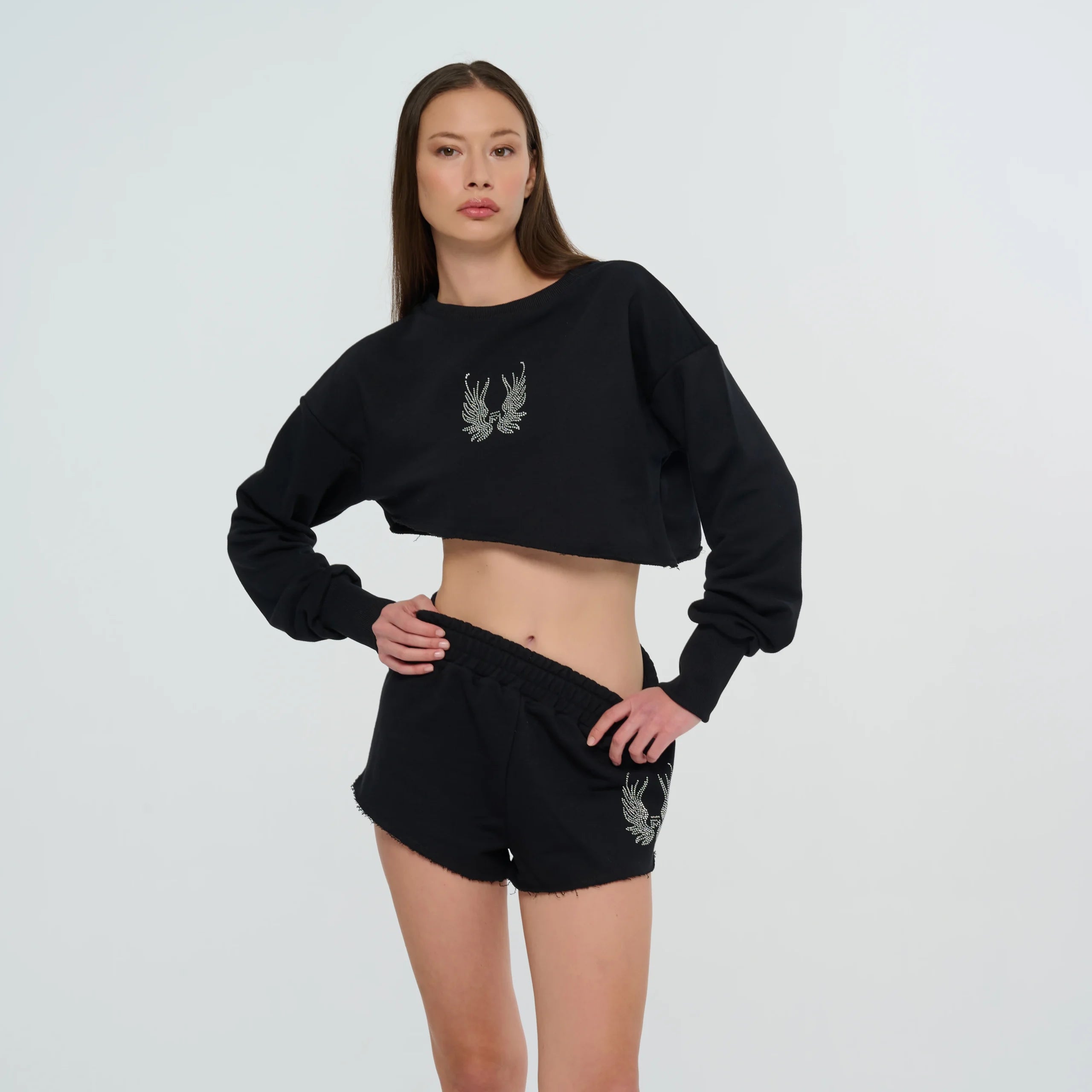 Black Swarovski Studded Comfort Fit Asymmetrical Cropped Sweat and Short Set