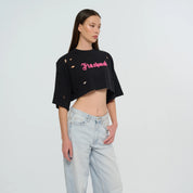 Cropped Torn T-Shirt - Black | Pink | White