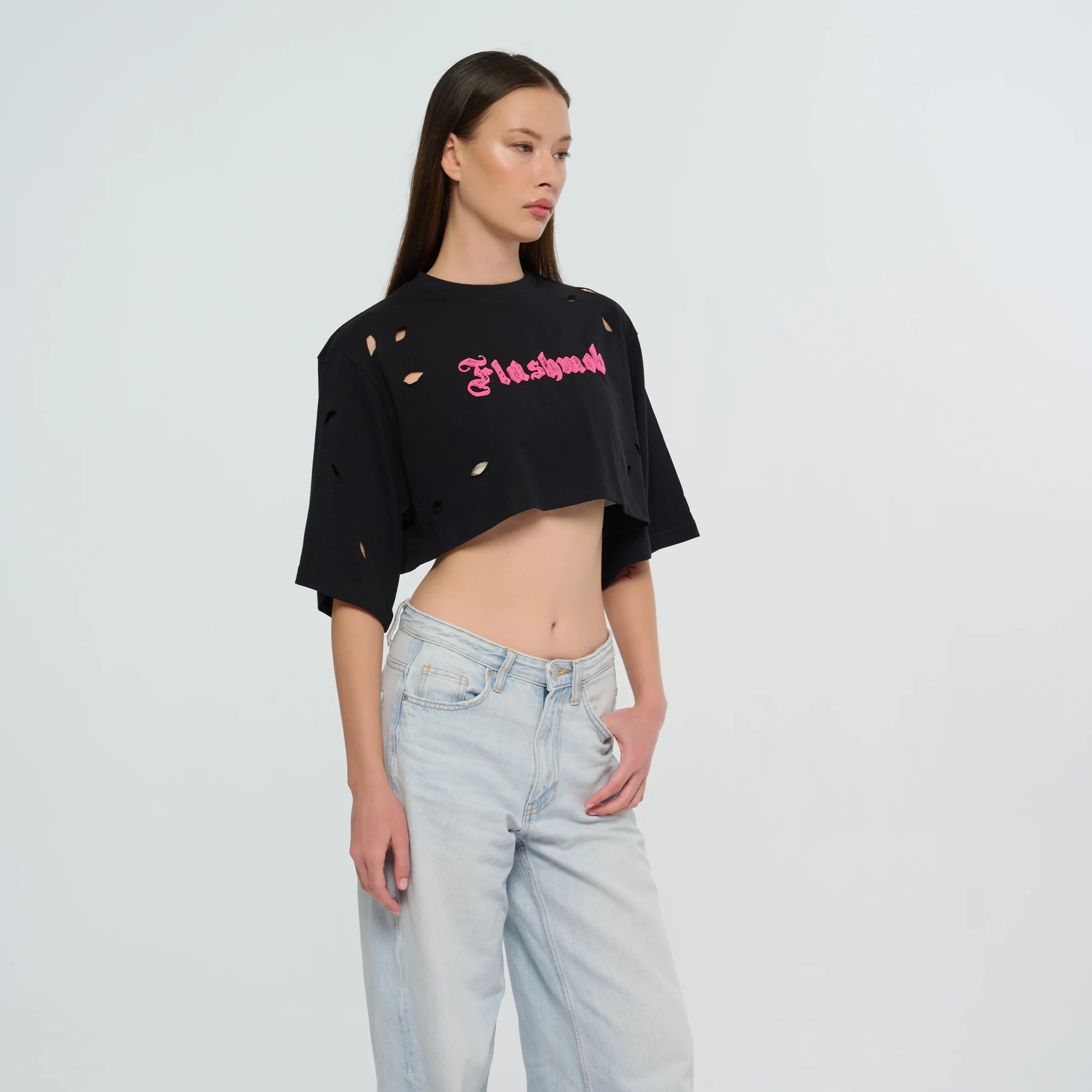 Cropped Torn T-Shirt - Black | Pink | White