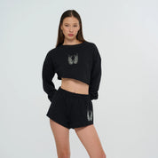 Black Swarovski Studded Comfort Fit Asymmetrical Cropped Sweat and Short Set