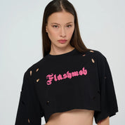 Cropped Torn T-Shirt - Black | Pink | White