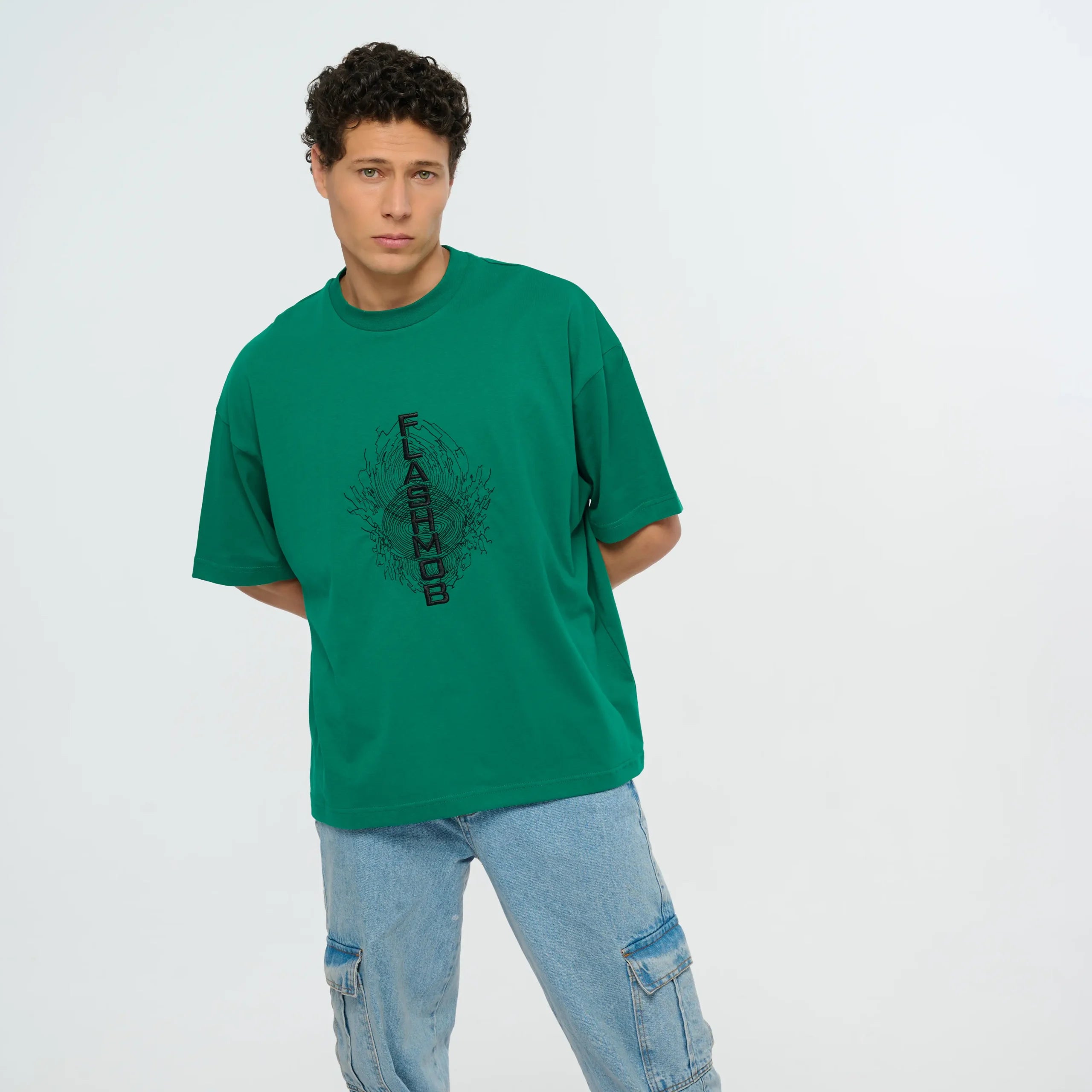 Graphic Embroidered Green Oversized T-Shirt