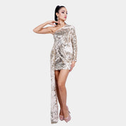 Off Shoulder Glowy Golden Sequin Party Dress