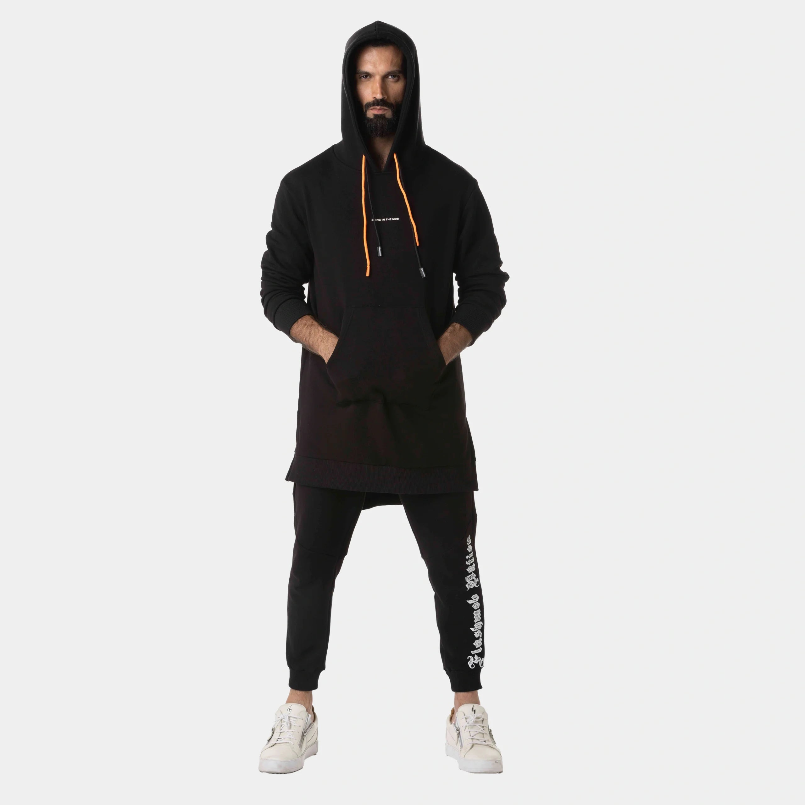 Printed Longline Black Hoodie