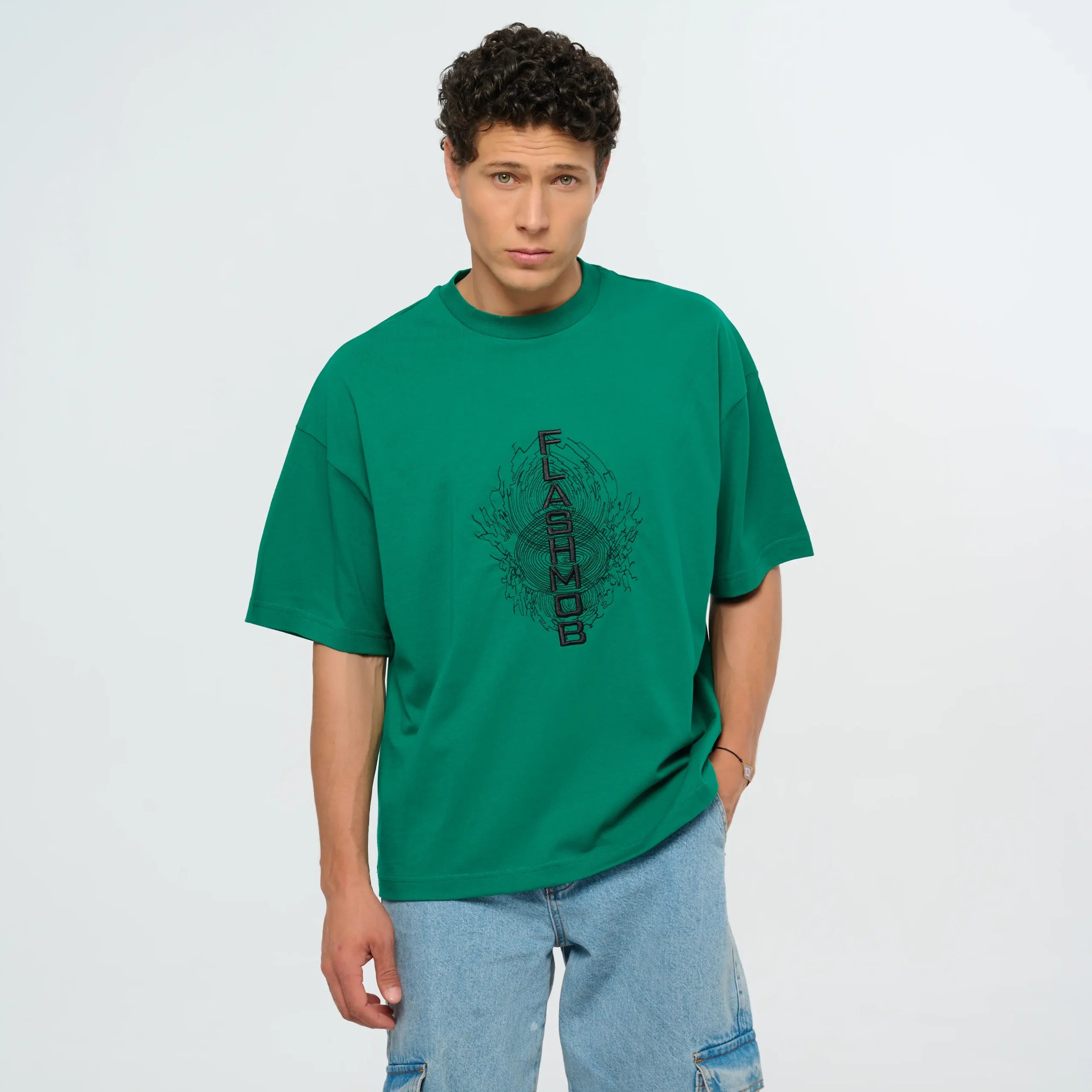 Graphic Embroidered Green Oversized T-Shirt