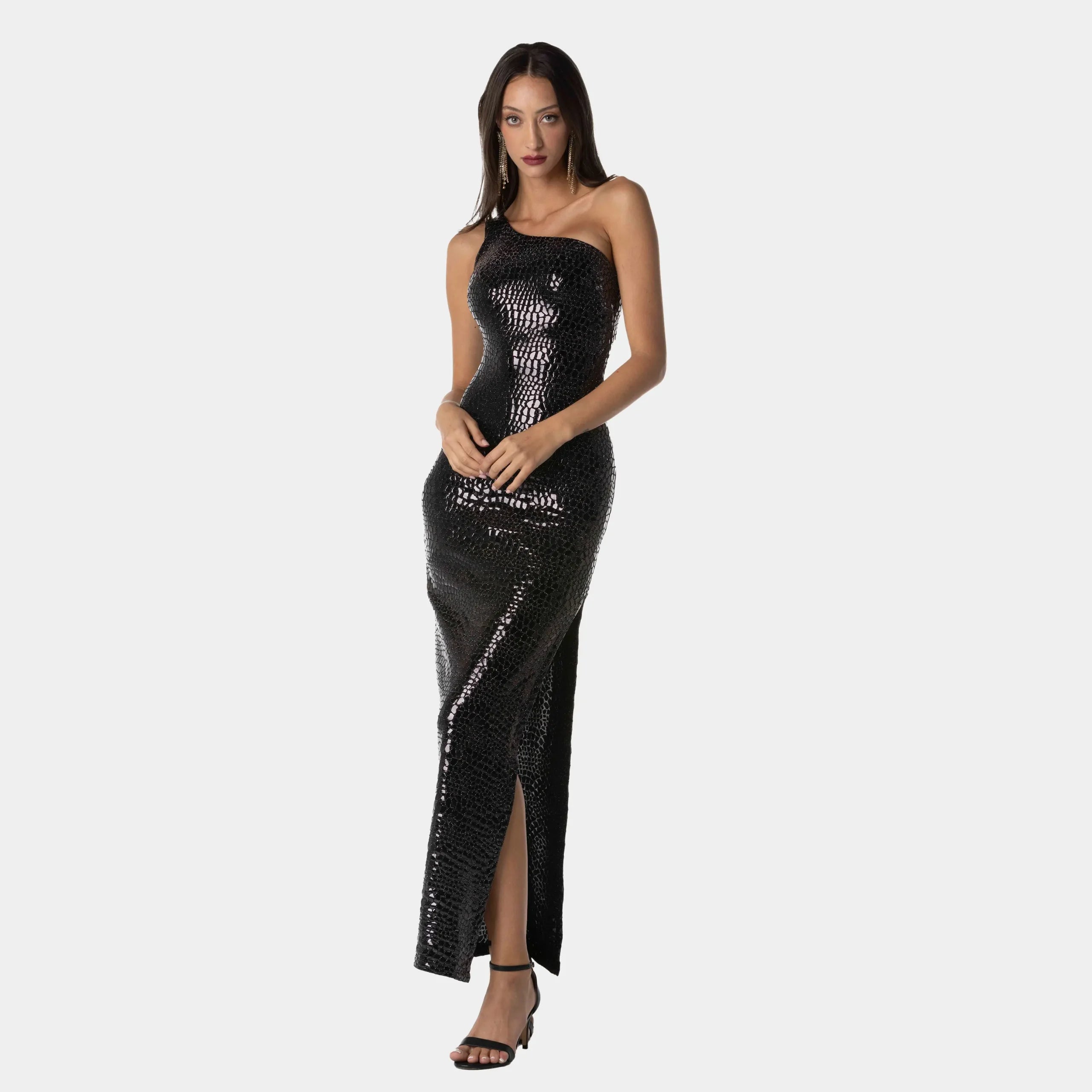 Black Textured Cocktail Dress with Slit