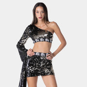 One Shoulder Black Sequin Dress Set