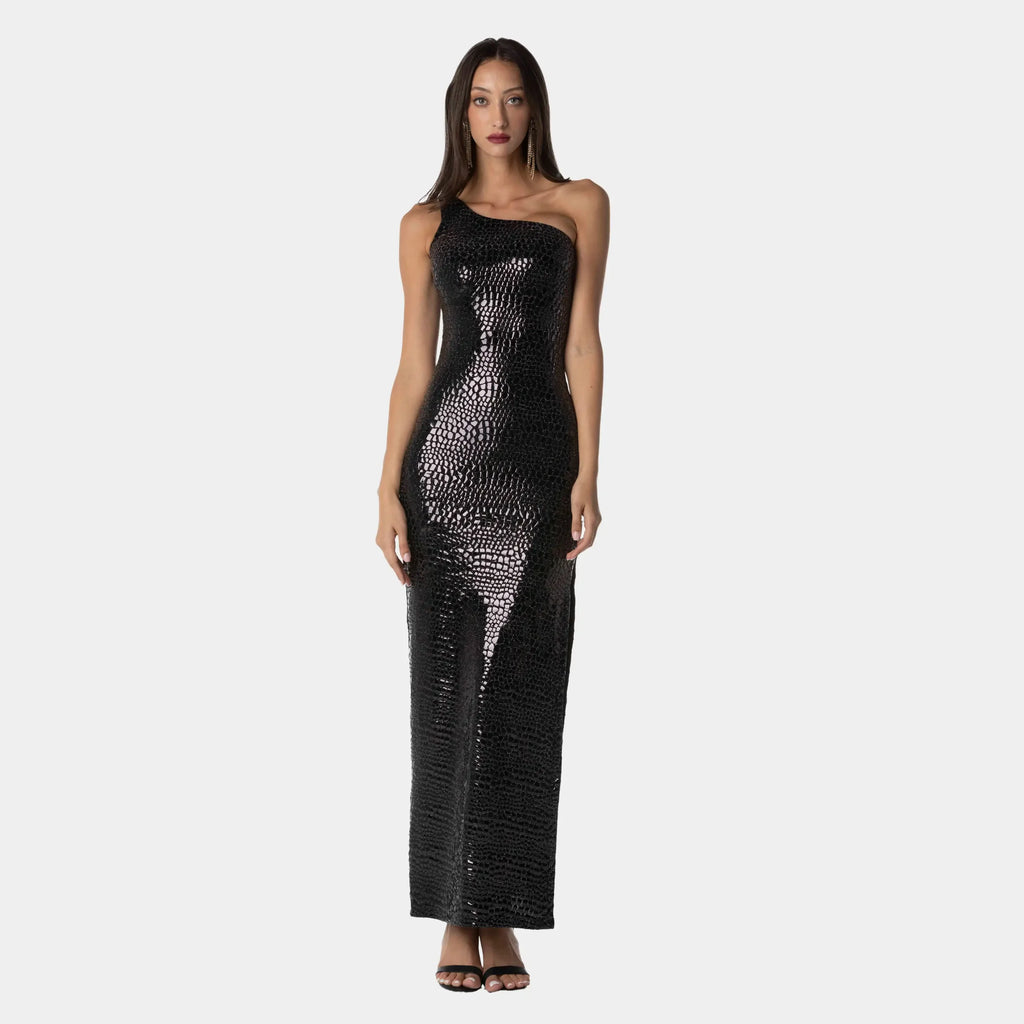 Black Textured Cocktail Dress with Slit