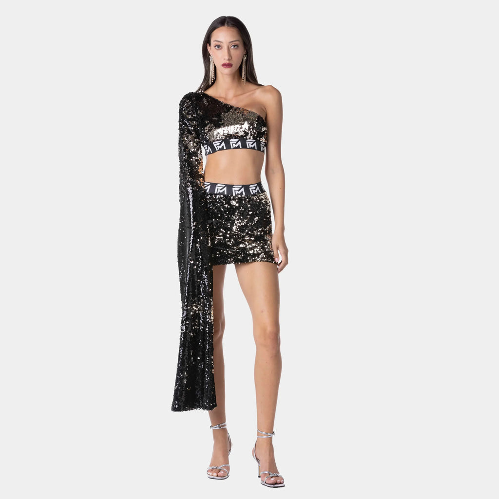 One Shoulder Black Sequin Dress Set