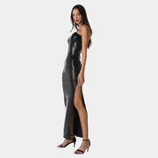 Black Textured Cocktail Dress with Slit