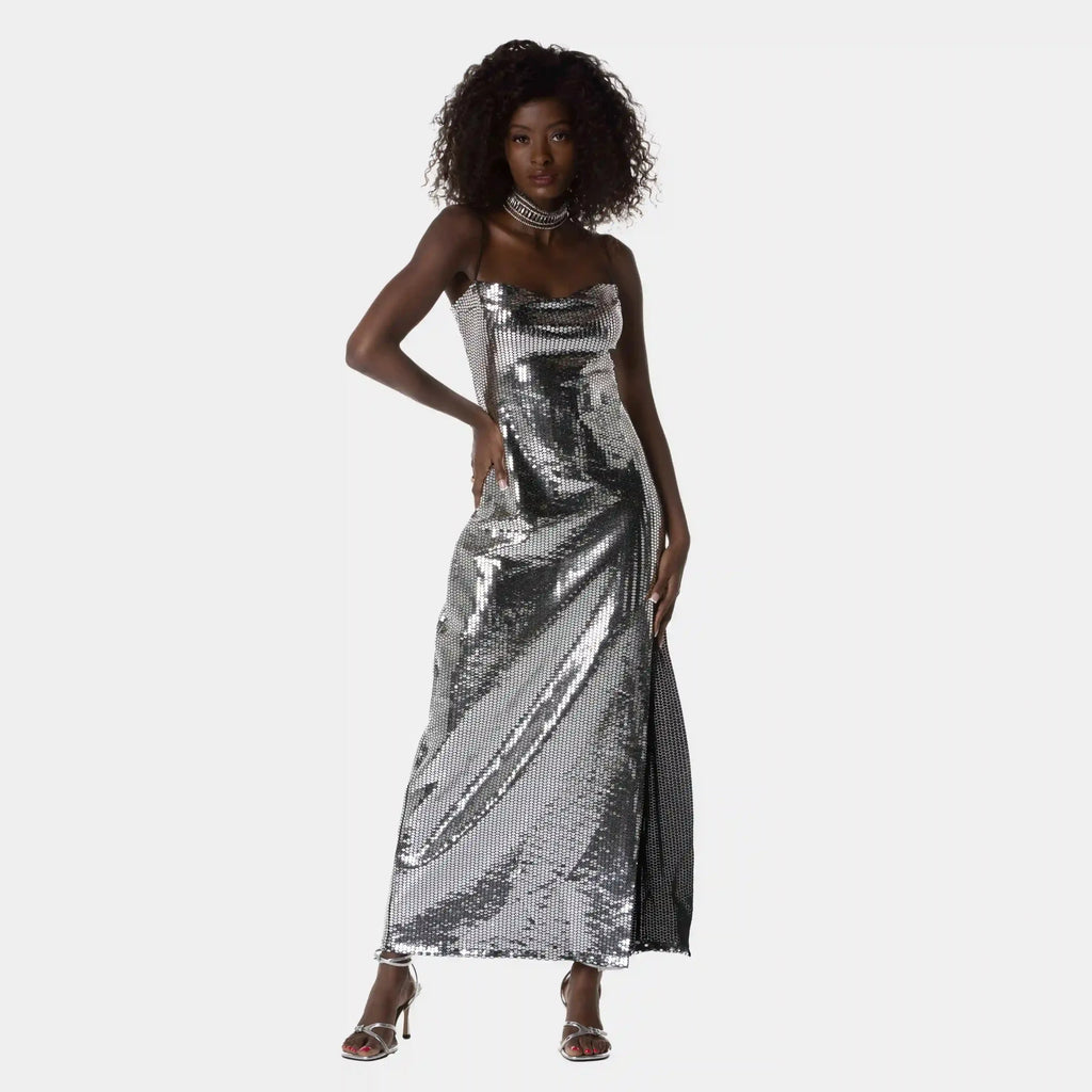 Shiny Silver Long Party Dress