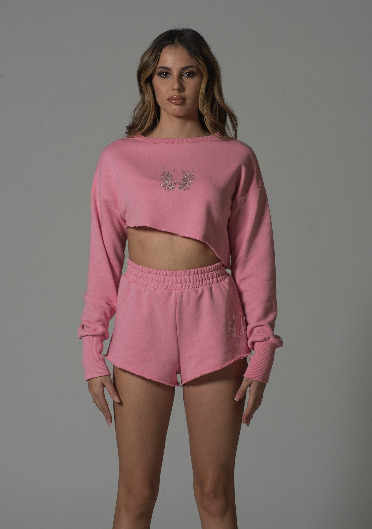 Pink Swarovski Studded Comfort Fit Asymmetrical Cropped Sweat and Short Set