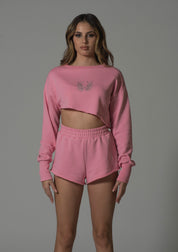 Pink Swarovski Studded Comfort Fit Asymmetrical Cropped Sweat and Short Set