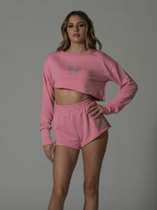 Pink Swarovski Studded Comfort Fit Asymmetrical Cropped Sweat and Short Set