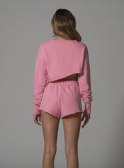 Pink Swarovski Studded Comfort Fit Asymmetrical Cropped Sweat and Short Set