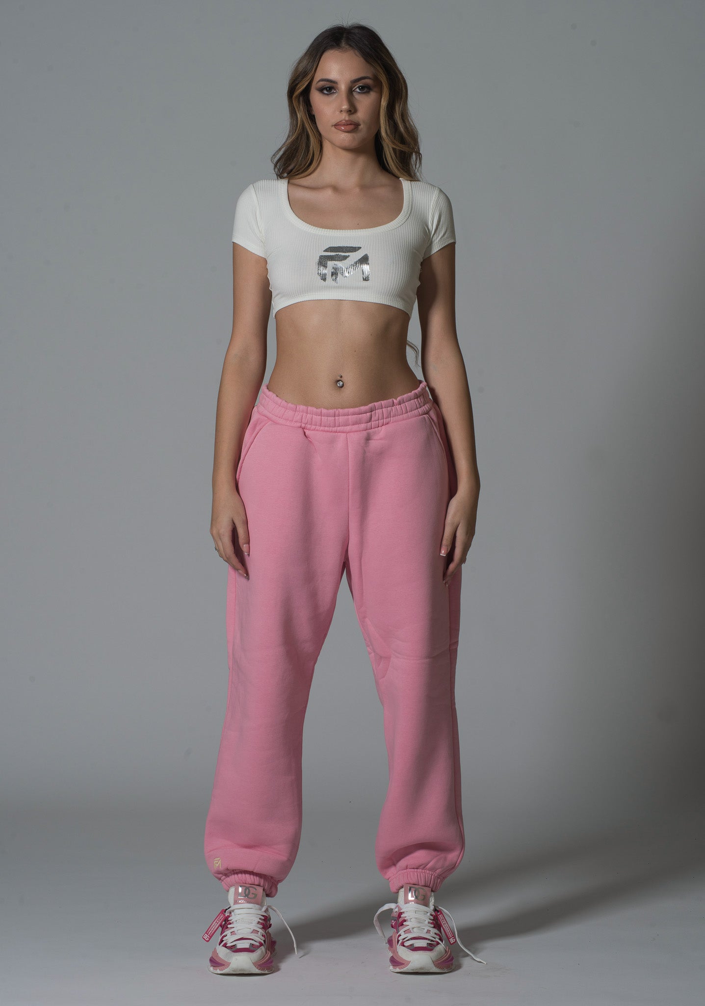 White Lined Crop Tshirt with FM Logo