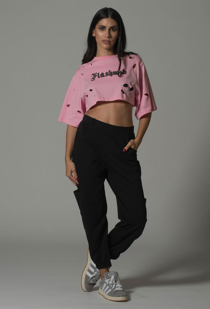 Cropped Torn T-Shirt - White | Pink | Black