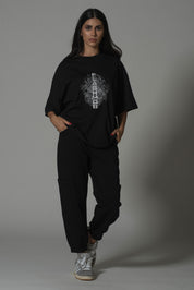 Graphic Embroidered Oversized Black T-Shirt