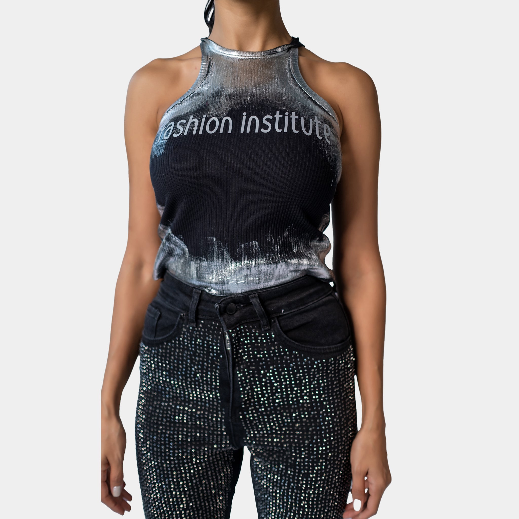 Black Silver Holographic Design Halter Top