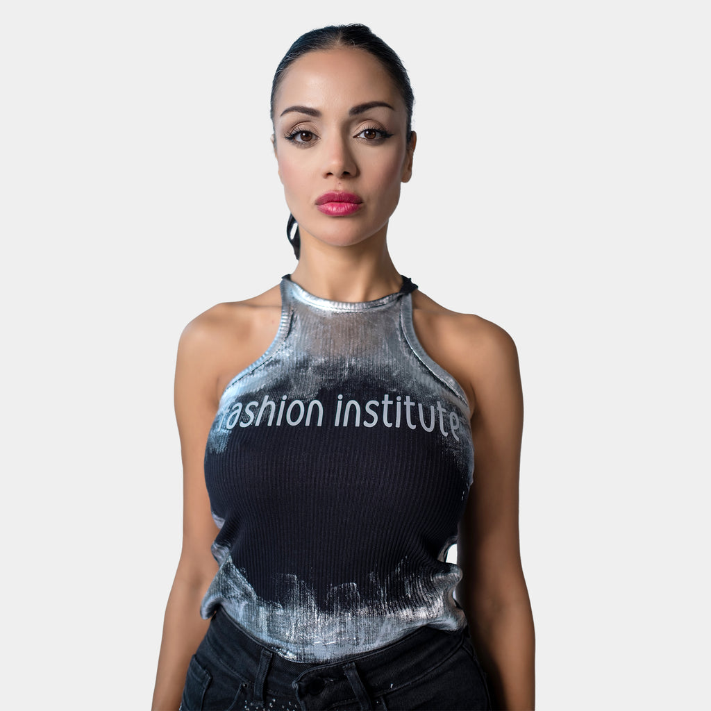 Black Silver Holographic Design Halter Top