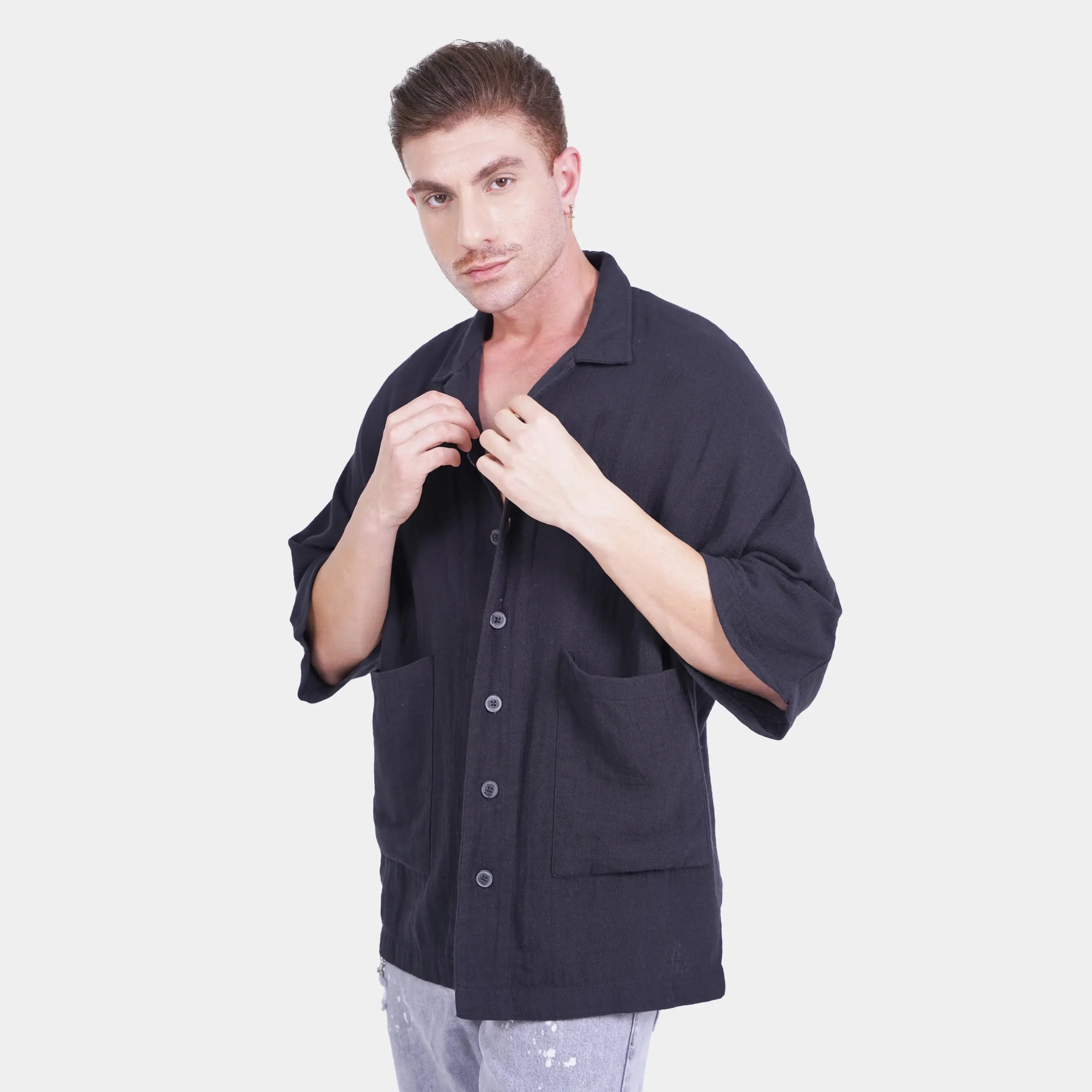 Relaxed Fit Black Short Sleeve Shirt