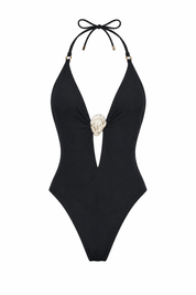 Black Plunge Halter Midi Set