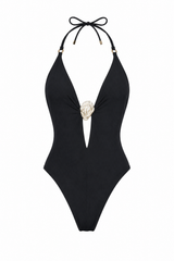 Black Plunge Halter Midi Set