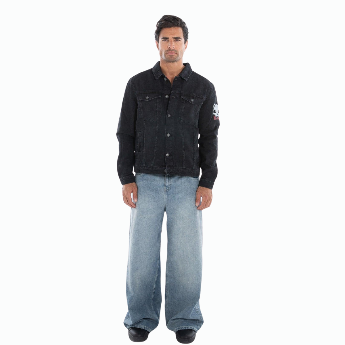 Flashmob Nation cozy denim outerwear – full-body styled outfit front angle