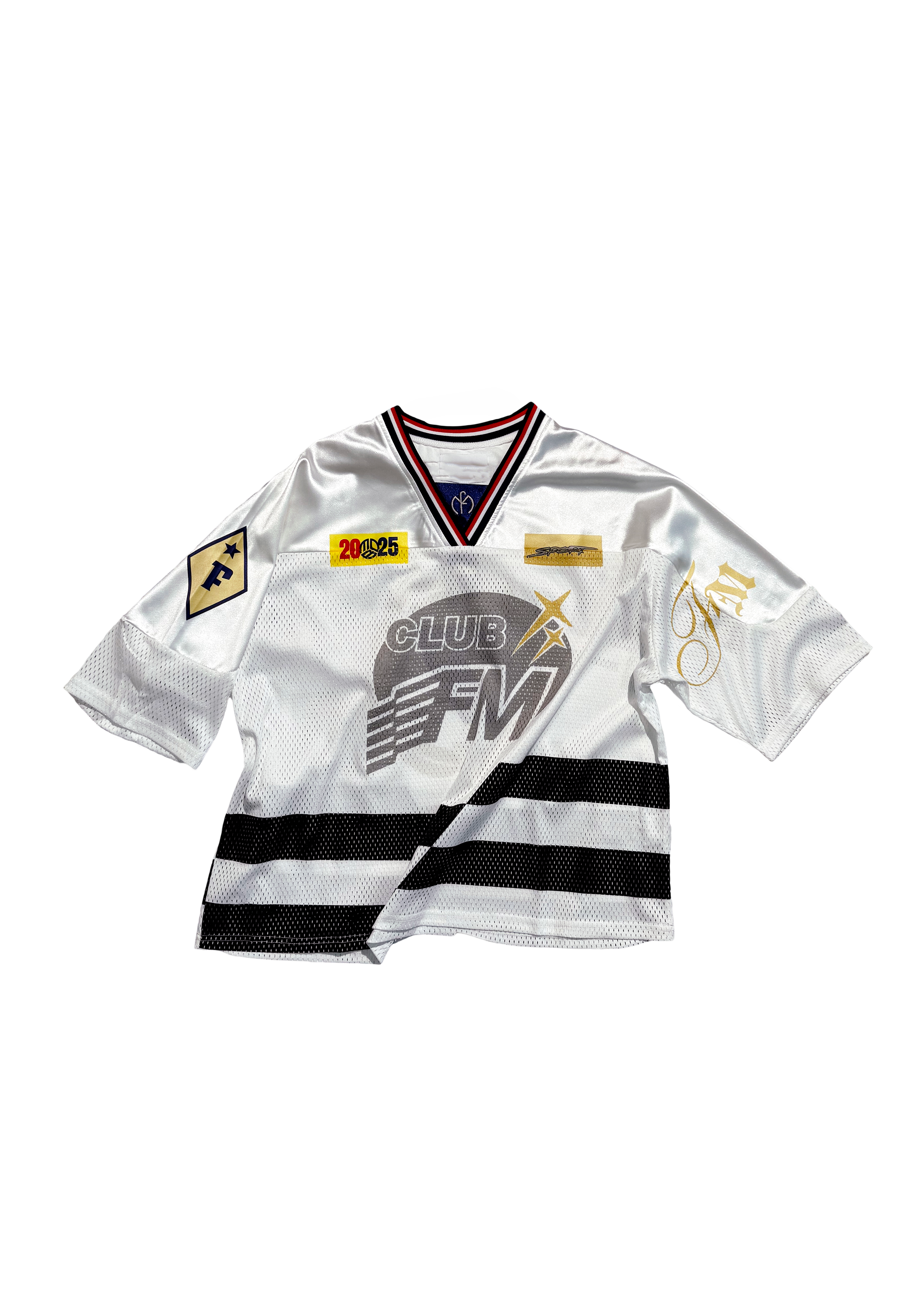 Oversized FM Club American jersey Mesh T-Shirt in black with white graphic branding.