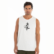 Men’s white sleeveless graphic tank top with black print, modern fit for casual or gym wear