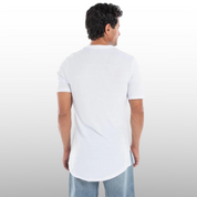 Back view of man wearing white Men’s Bring In The Mob graphic t-shirt with relaxed fit and soft cotton fabric