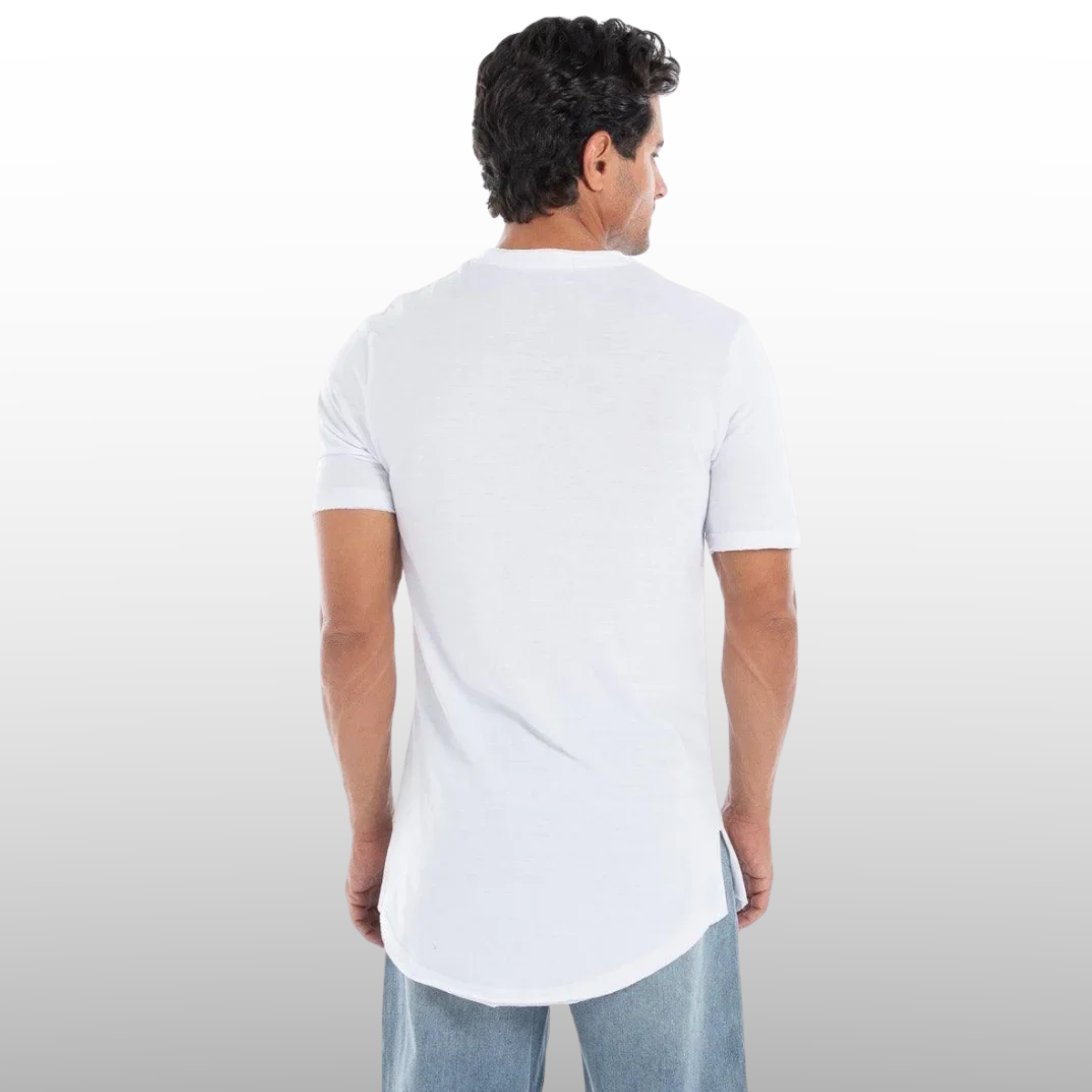 Back view of man wearing white Men’s Bring In The Mob graphic t-shirt with relaxed fit and soft cotton fabric