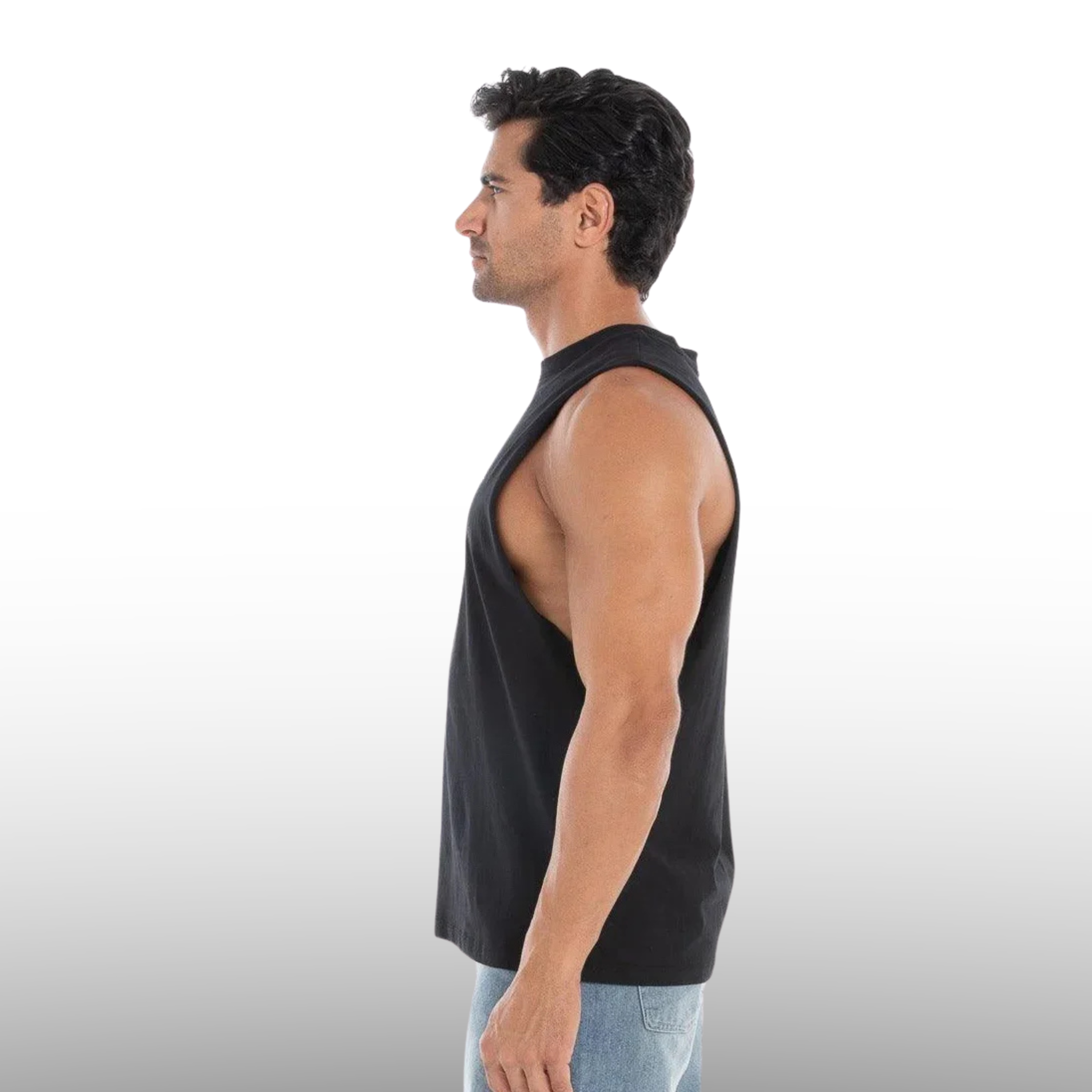 Side view of a man wearing a black men's "Bring In The Mob" graphic tank top with a relaxed fit.